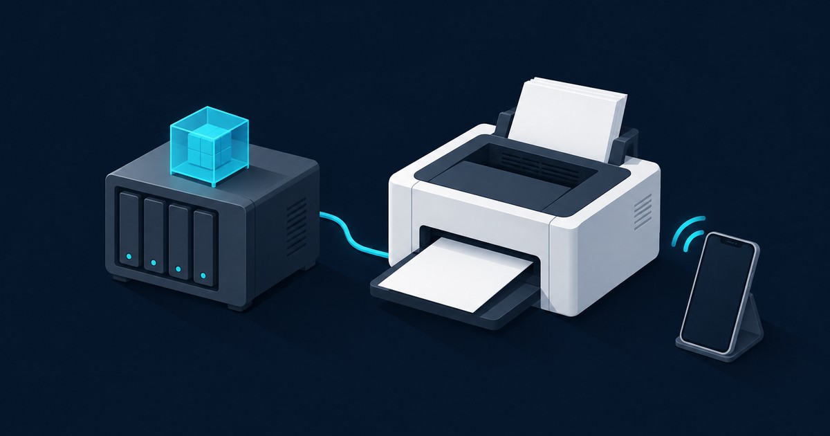 Four-bay NAS topped by a glowing blue container cube, cabled to a white laser printer with paper, beside a smartphone on a stand sending a wireless signal